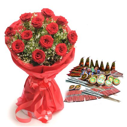 Diwali Crackers with Bunch of Red Roses