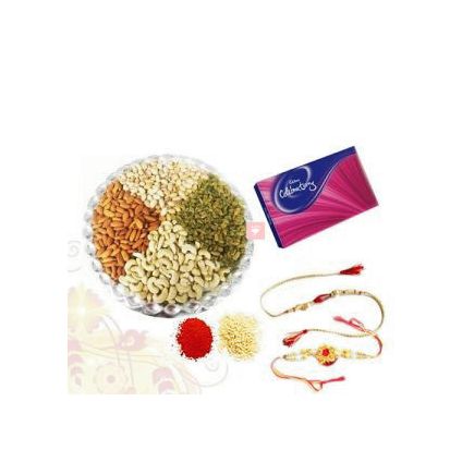 500 Mixed Dry fruits and Cadbury Celebration Pack with 2 Rakhi