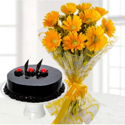 Yellow Gerbera With Truffle Cake