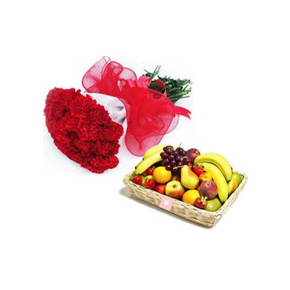 10 Red Carnation and 2 Kg Mixed Fruits with Basket