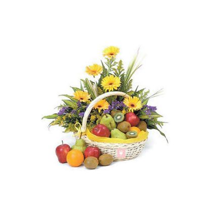 10 Yellow Gerbera and 2 Kg Mixed Fruits with Basket