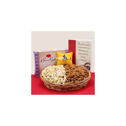 Rakhi with Greeting Card, soan papdi and dry fruits