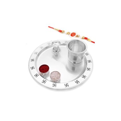 Rakhi Pooja Thalis-Silver Swastik Pooja Thali Set ith Swastik Rakhi