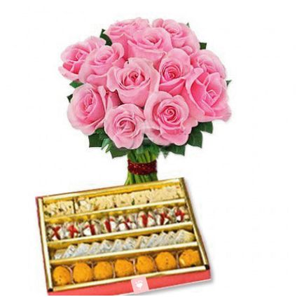 Bunch of 10 Pink Roses with 1/2 Kg Mixed Sweets