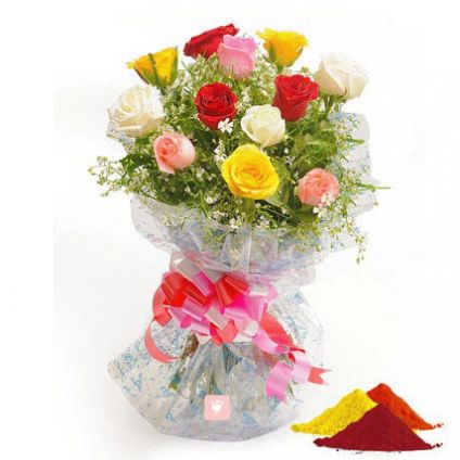 10 mixed Roses with Gulal