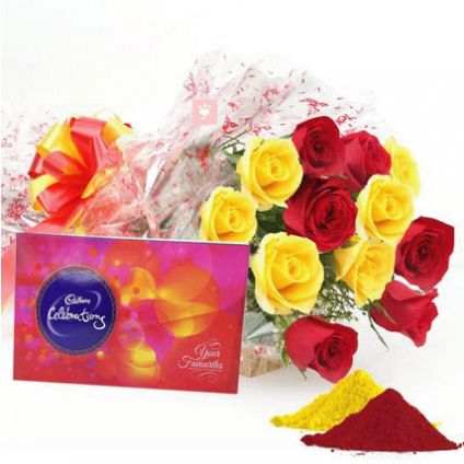 Red and Yellow Roses,Cadbury Celebration Pack with Gulal