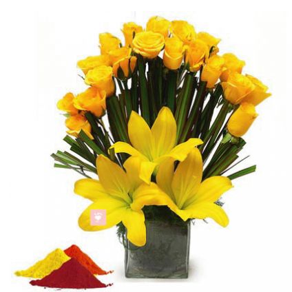 Yellow Roses, Yellow lilies with vase and Gulal