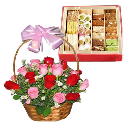 Basket of 20 Pink and Red Roses with 1/2 Kg Mixed Sweets