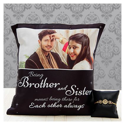 Brother - Sister Personalized Cushion with Stone & Pearl Rakhi