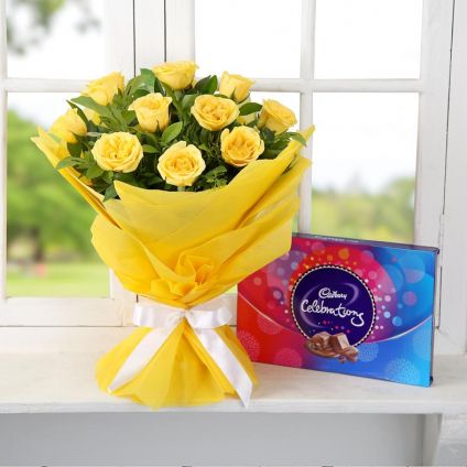 Yellow roses and cadbury celebration