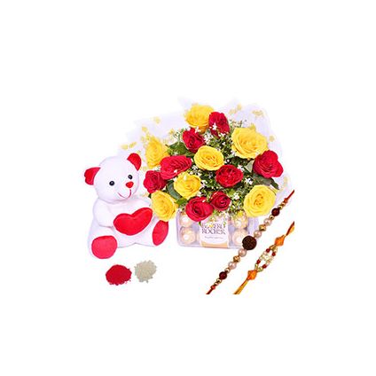 Roses,Chocolates ,1 Teddy of 6 inch,Rakhi