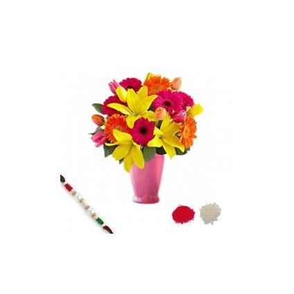 Mixed Flowers in Vase With Rakhi