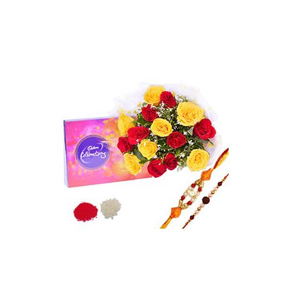 Bunch of 15 Red & Yellow Roses,Chocolates ,Pearl Rakhi