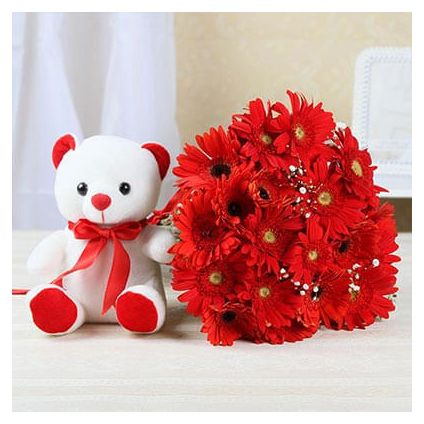 20 red gerberas and (6 inch) White teddy bear