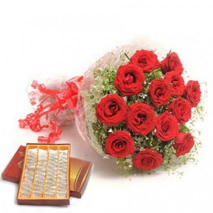 500 gm Kaju Katli ,bunch of 12 red roses