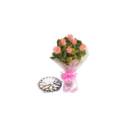 6 Pink Roses,500gm Kaju Katli