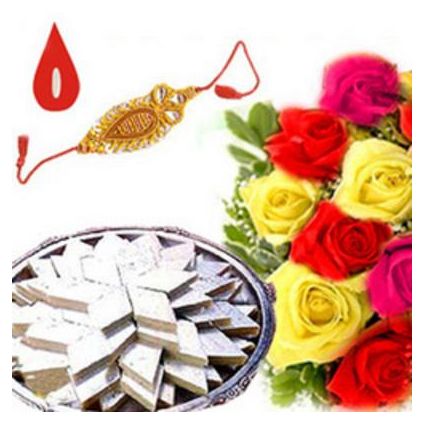 250gms Kaju Katli, Bunch 12 mixed colour roses With Free 1 Rakhi