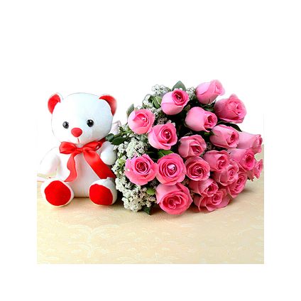 A basket of 20 pink roses and (6 inch) white teddy bear