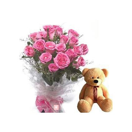 A bunch of 25 pink roses and (6 inch) brown teddy bear