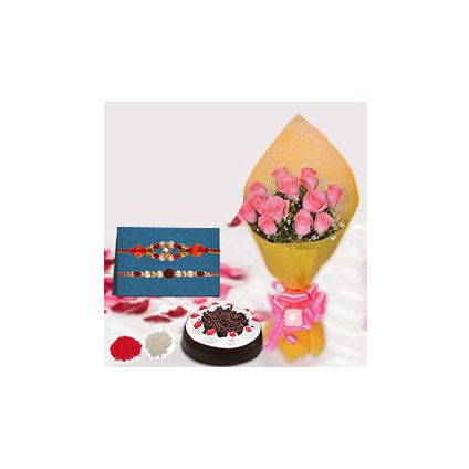 12 pink roses,500gm cakes,Rakhi