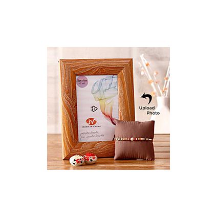 Personalized wooden border frame with lovely rakhi