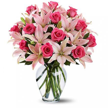 Bunch of 18 pink lilys and 14 dark pink rose with in vase