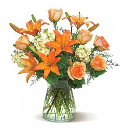 6 yellow stock, 6 peach roses, 6 orange Asiatic lilies, 4 stems lemon leaves, 4 stems misty blue, bu