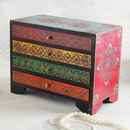 Rectangular Embossed Painted Wooden Box With Four Drawers