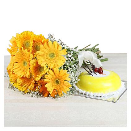 12 Yellow Gerberas with Half Kg Pineapple Cake