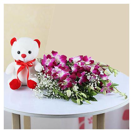 6 Purple Orchids with 6 Inches Teddy Bear