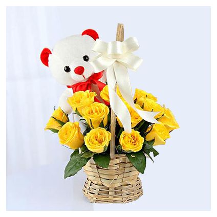 15 Yellow Roses in Round Basket with Teddy Bear