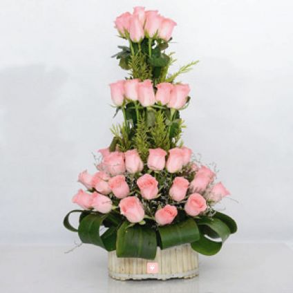30 Charming Pink Roses Basket