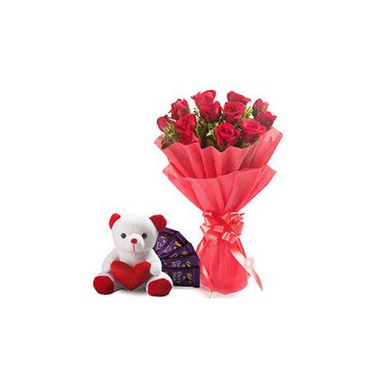 20 Red Roses, 6 inch Teddy Bear and 16 pcs Dairy Milk