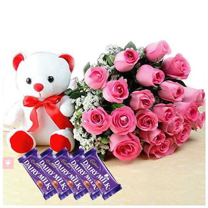 20 Pink Roses with Teddy Bear and Dairy Milk Bars