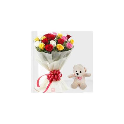 combo of 12 mixed Roses & adorable small teddy