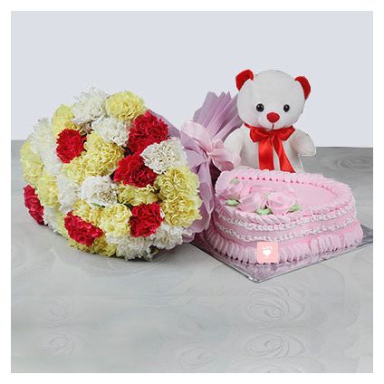 30 Mixed Carnation with 1 Kg Cake (Eggless) & Teddy