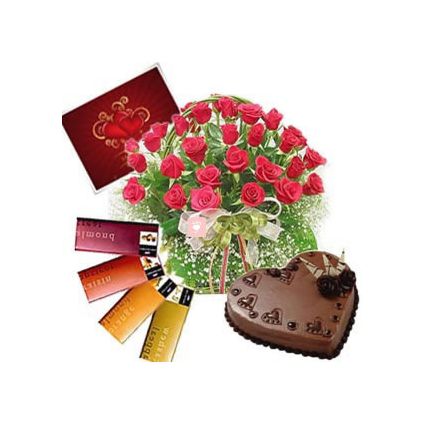 Basket of 20 Red Roses, 1 Kg heart shaped chocolate cake and 4 pcs Temptation