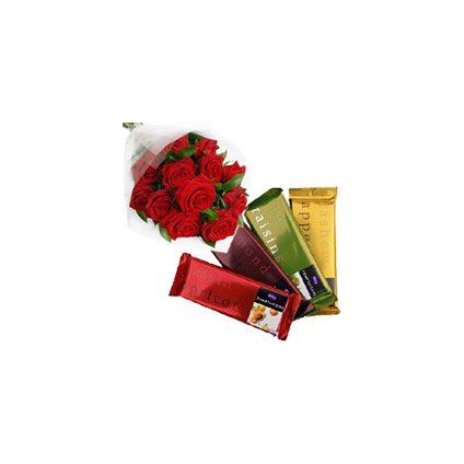 4 Cadbury Temptation Bars with 12 Red Roses Bunch