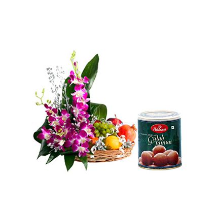 purple orchid ,2 Kg Mixed Fruits and 1 Kg Gulab Jamun