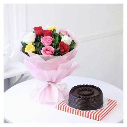 10 mixed roses and 1 kg Chocolate Truffle cake