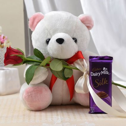 Teddy bear with 1 rose and 1 silk
