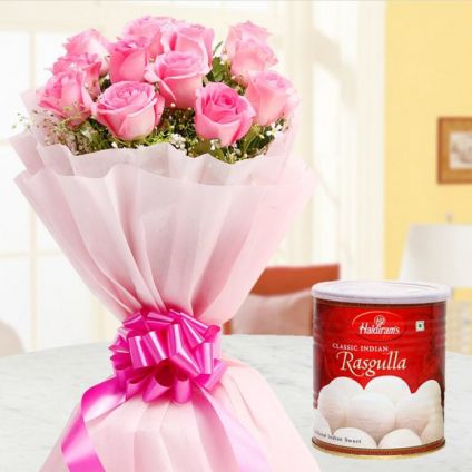 Bunch of 25 Pink Roses with Rasgulla