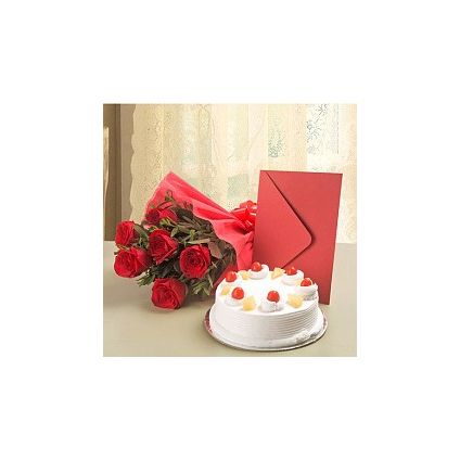 Roses, cake and greeting card