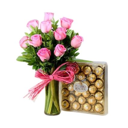 Pink Roses in vase with ferrero rocher