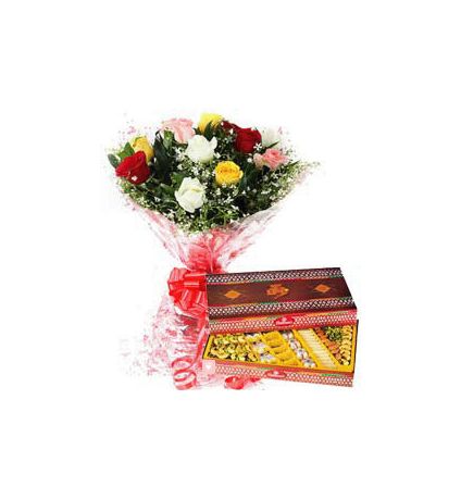 Bunch of 10 Mixed Roses with 1/2 Kg Mixed Sweets