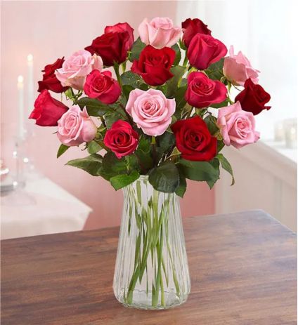 17 Red and Pink Roses In Vase