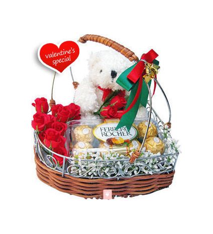 10 Red Roses, 16 pcs Ferrero Rocher and 6 inch Teddy with Basket