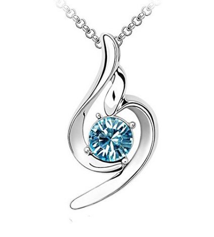 18k White Gold Plated Blue Solitaire Crystal Curvy Pendant with Chain