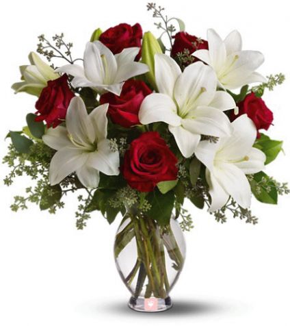 Pretty White lily and Red Rose with vase