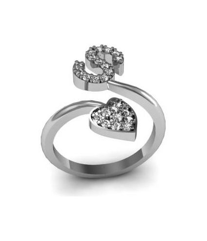 S Heart Shape Valentine CZ Silver Plated Brass Rhodium Plated Ring